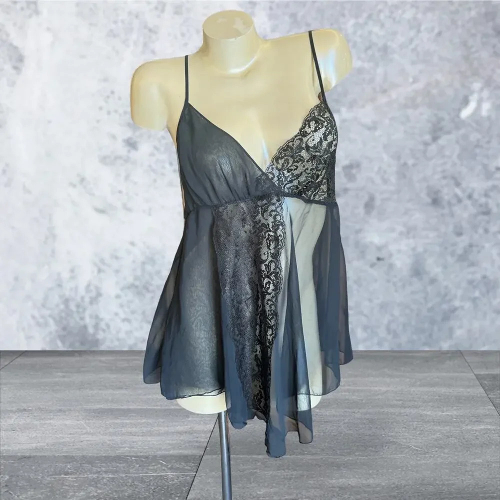 Vintage Victoria’s Secret Gold Label Navy Blue Shear Lace Slip Mini Dress, 90s